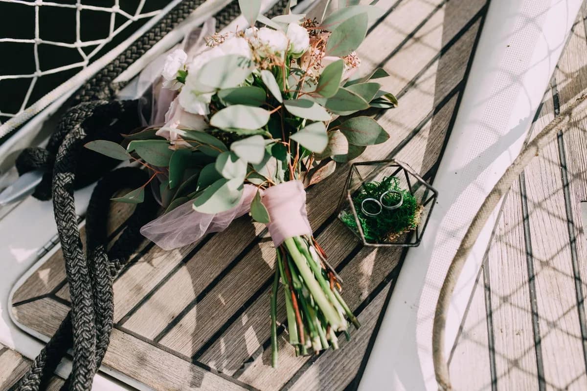 Wedding bouquet arranged on a yacht deck
