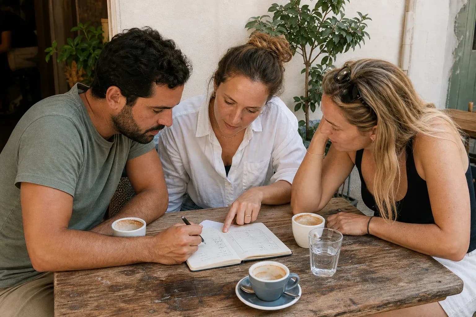 Üç arkadaş bir kafe masasında açık duran deftere eğiliyor; biri kalem tutarken diğeri sayfayı işaret ediyor. Masada üç kahve fincanı var.
